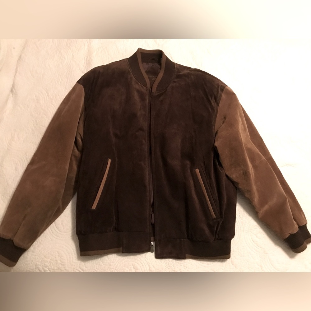 Men’s XL Chocolate Suede Leather Bomber Varsity Jacket by Roundtree and York